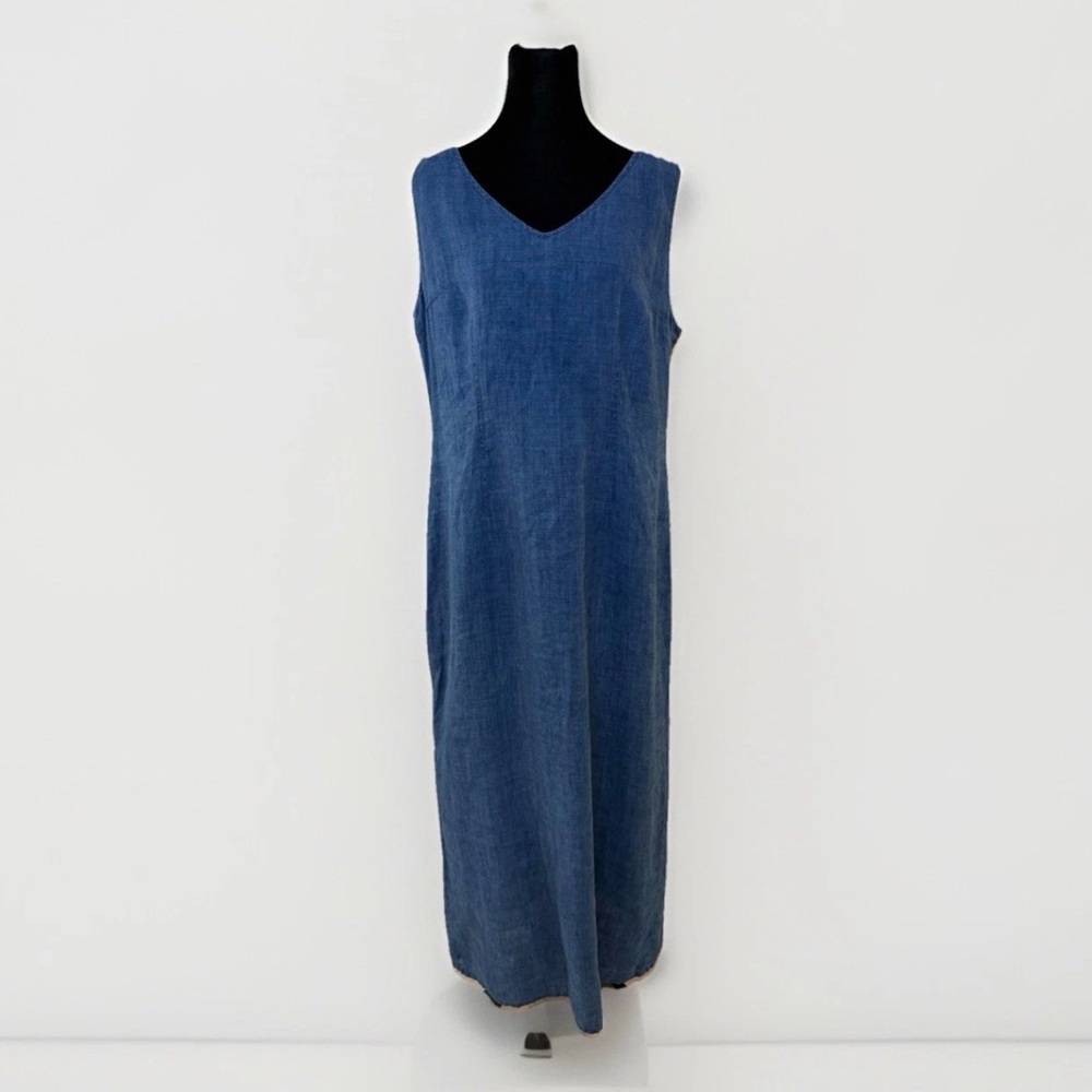 Blue Linen Maxi Dress Sz 14 Jones New York Blue Lagenlook Boho Travel Beachy - Picture 2 of 14